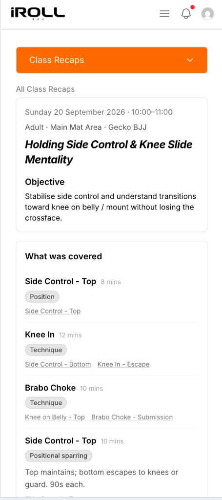 Phone screen of one class recap, with the objective and what was covered
