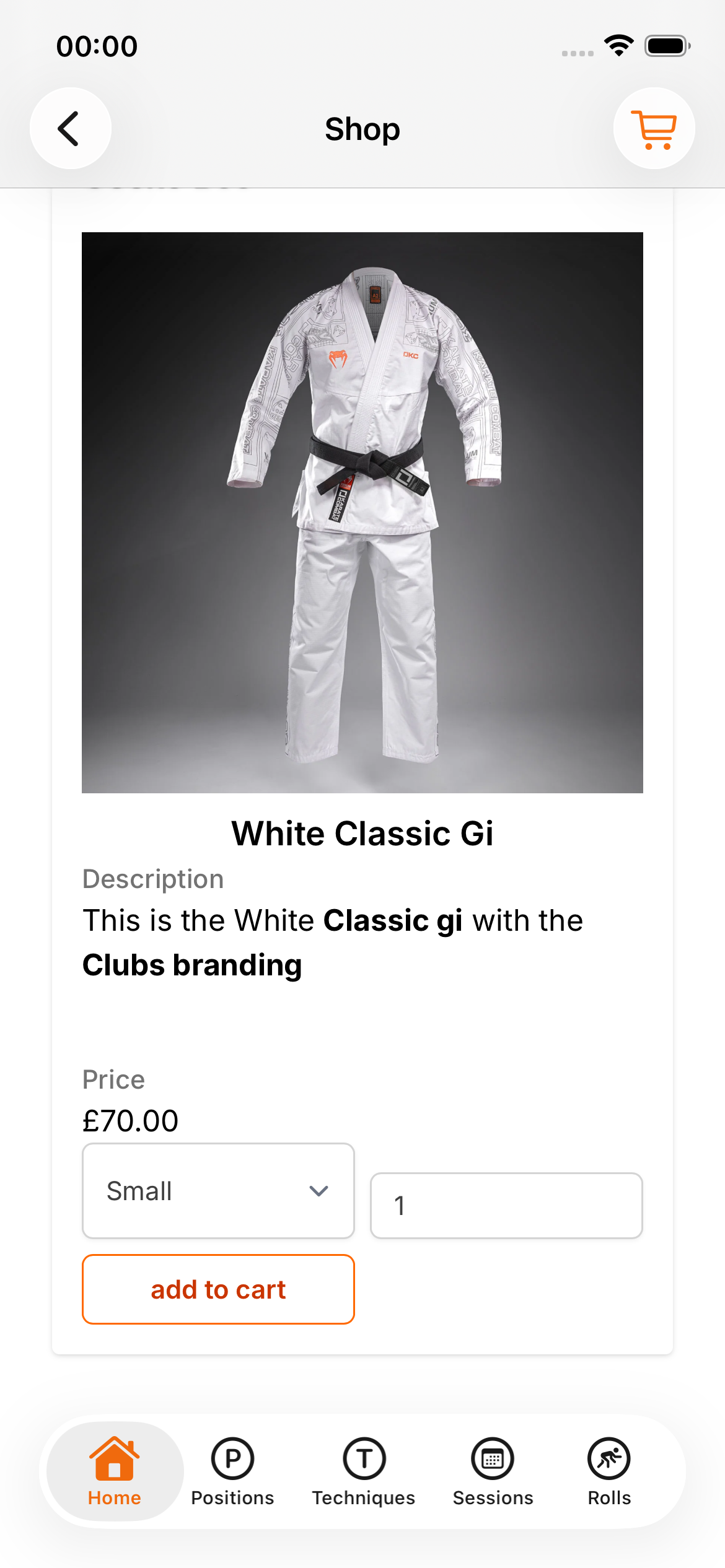 A member browsing the academy shop in the iRoll BJJ app