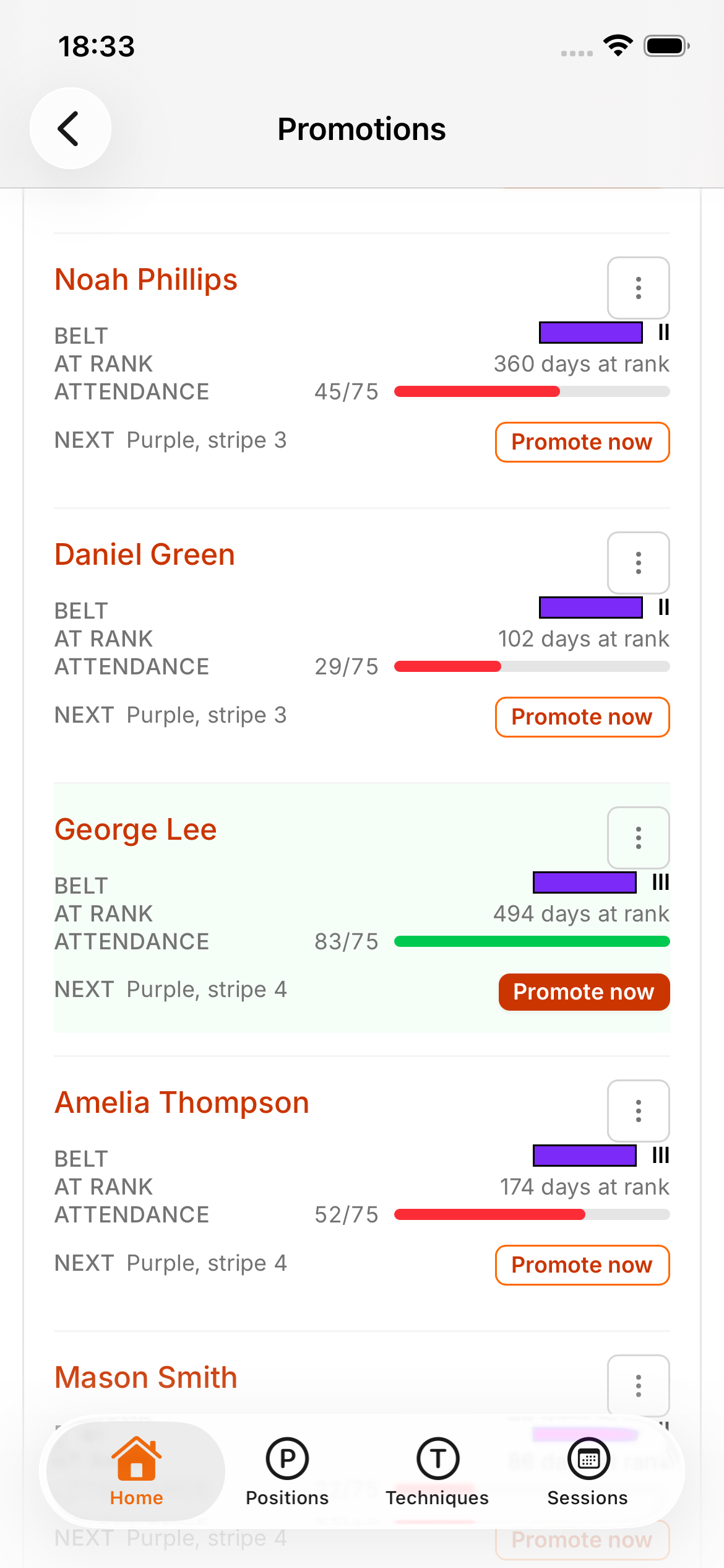 A student's belt and stripe progress in the iRoll BJJ app