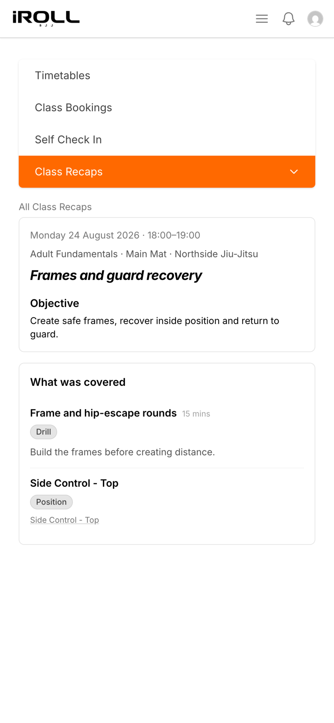 BJJ Class Recap showing the lesson objective and techniques covered for a member who attended