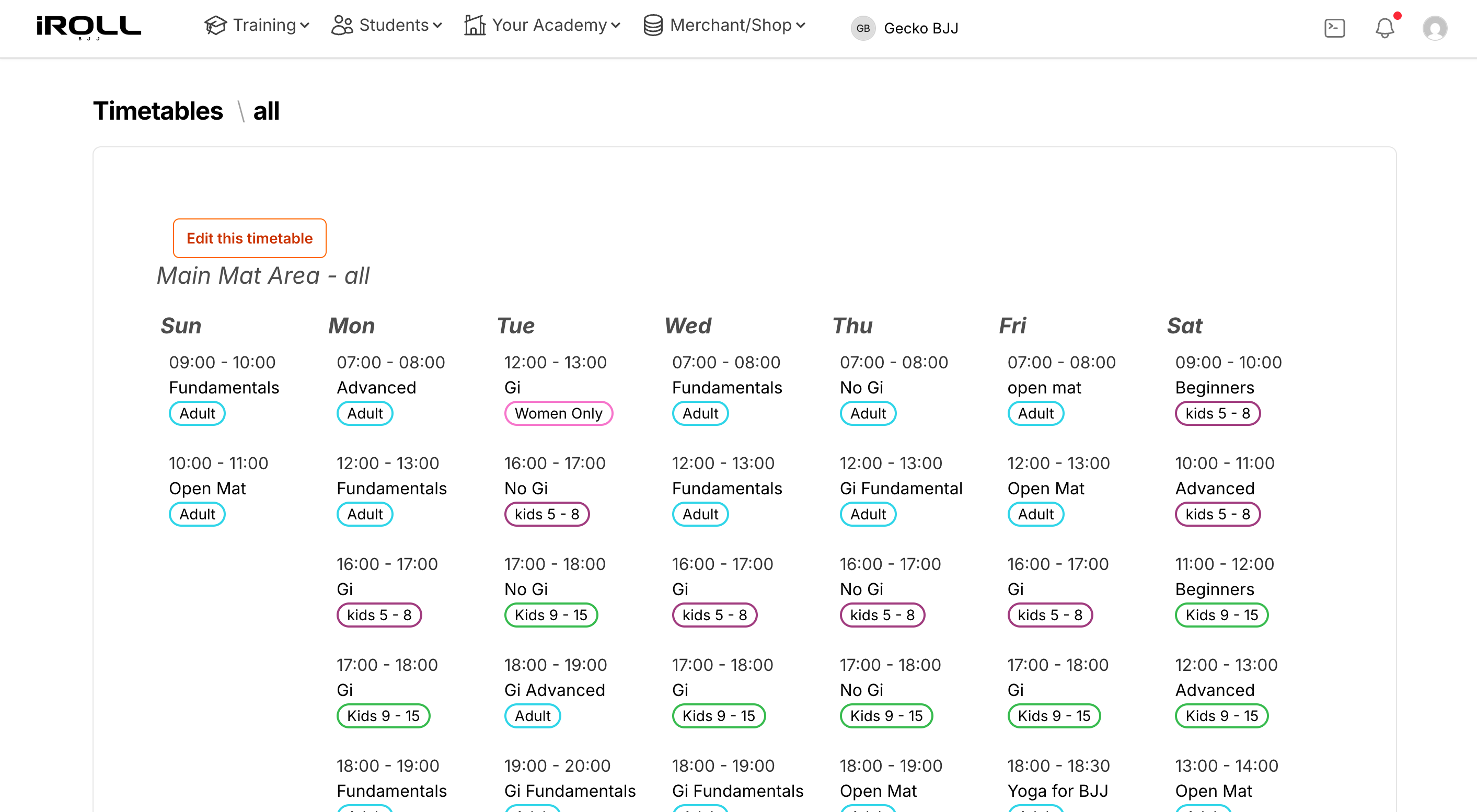 BJJ academy timetable with class types and booking and check-in options in iRoll BJJ