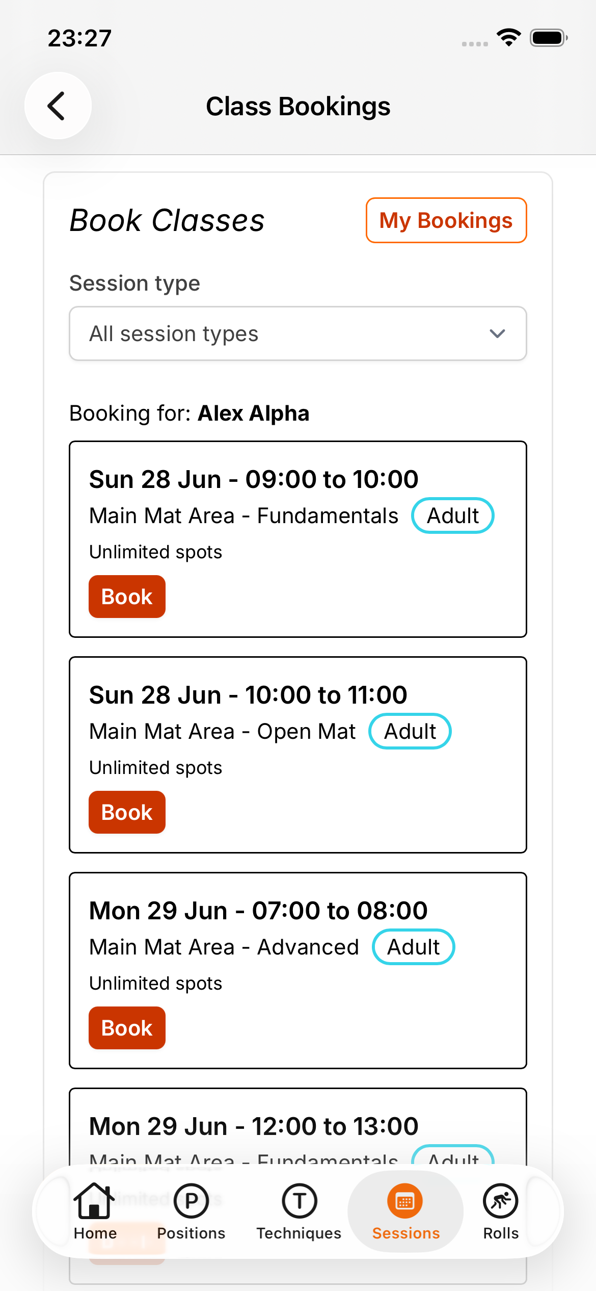iRoll BJJ class timetable and booking on a phone