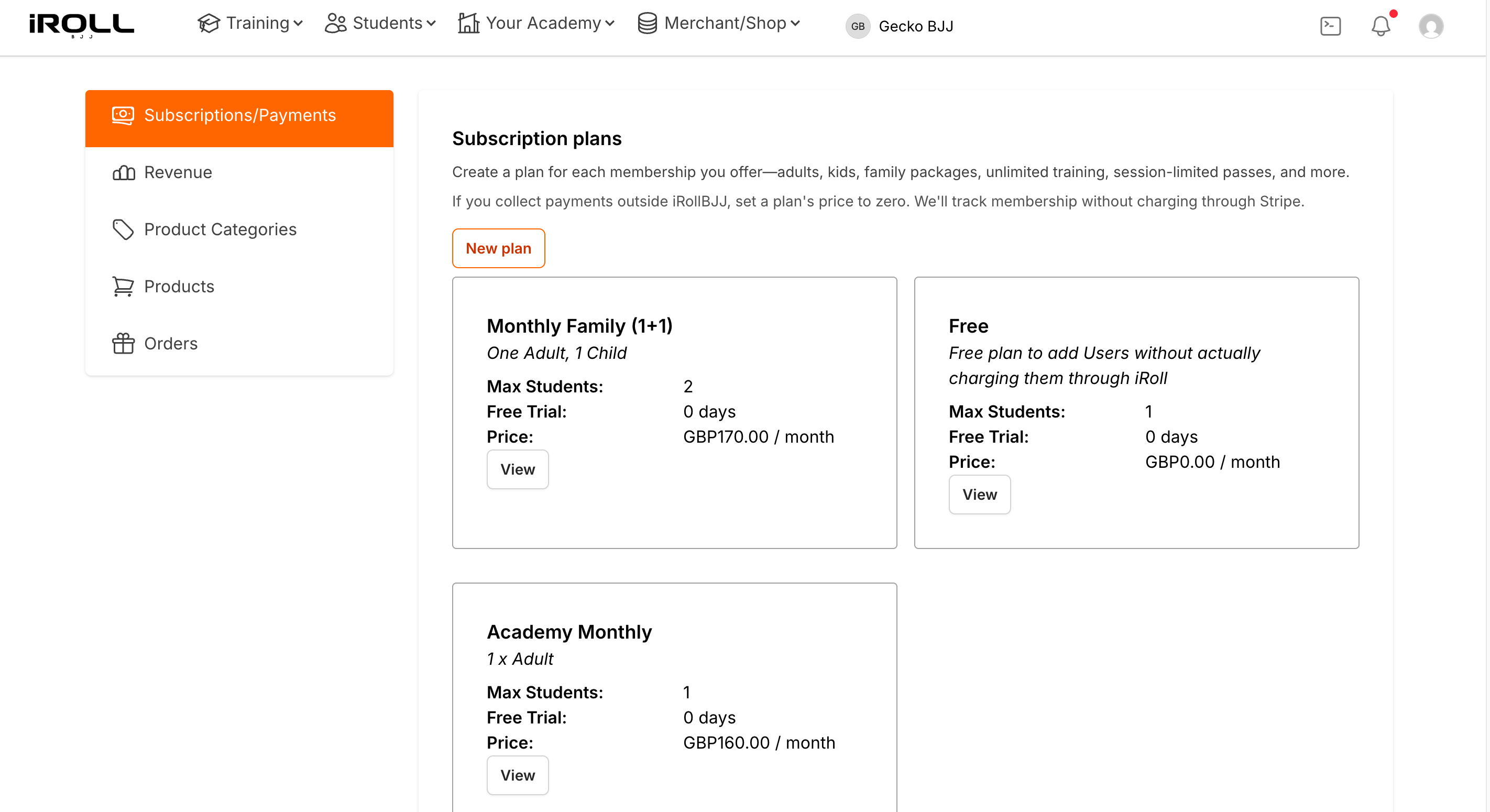 Connected Stripe account, membership plans and a member's subscription status in iRoll BJJ