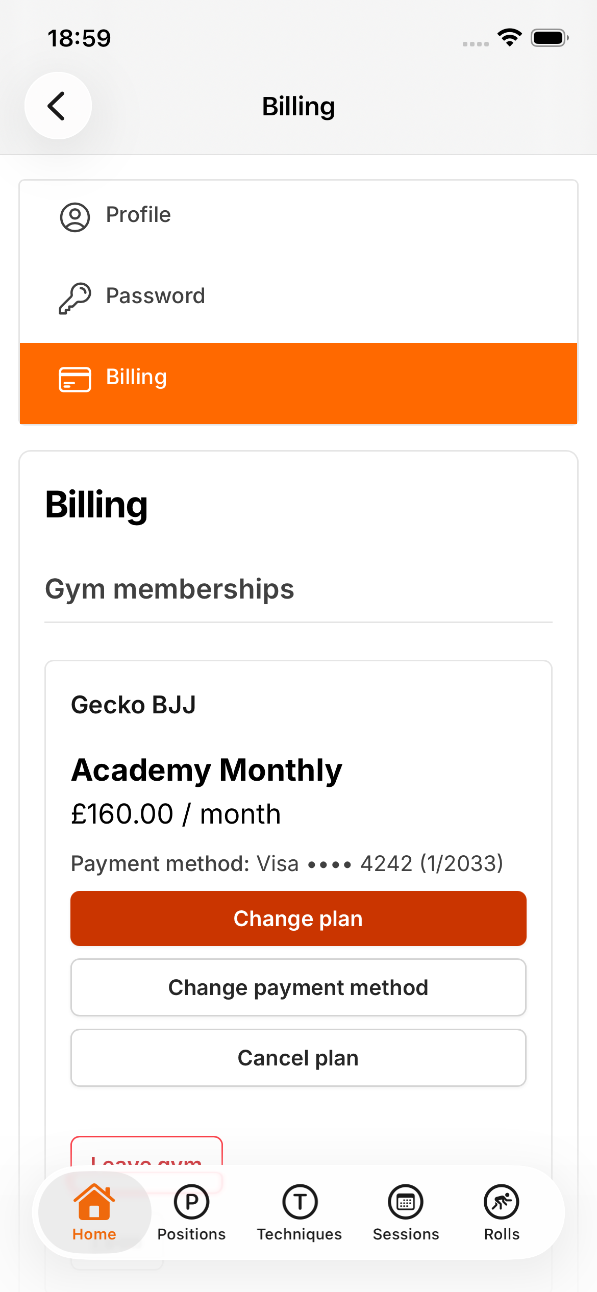 A member's membership and payment status in the iRoll BJJ app