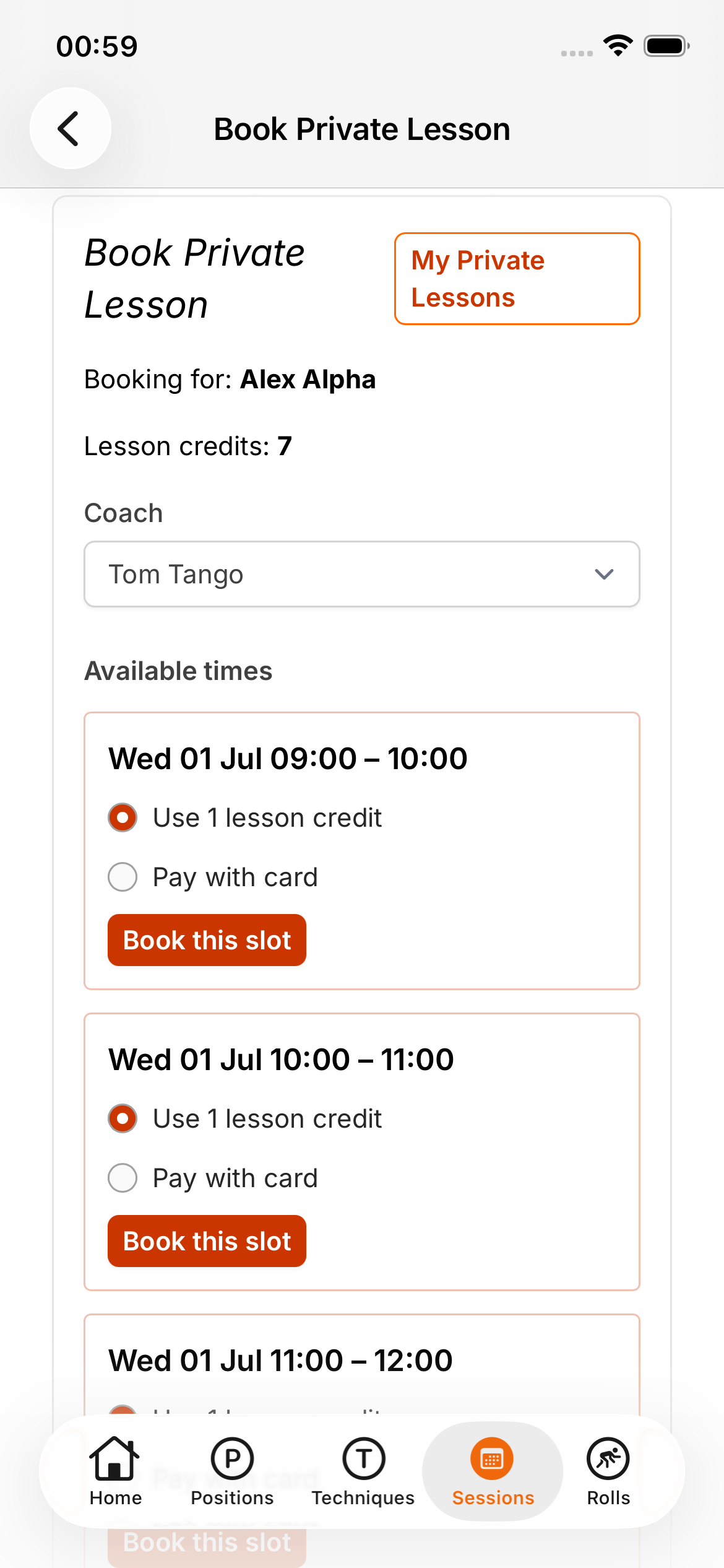 A member booking a private lesson in the iRoll BJJ app